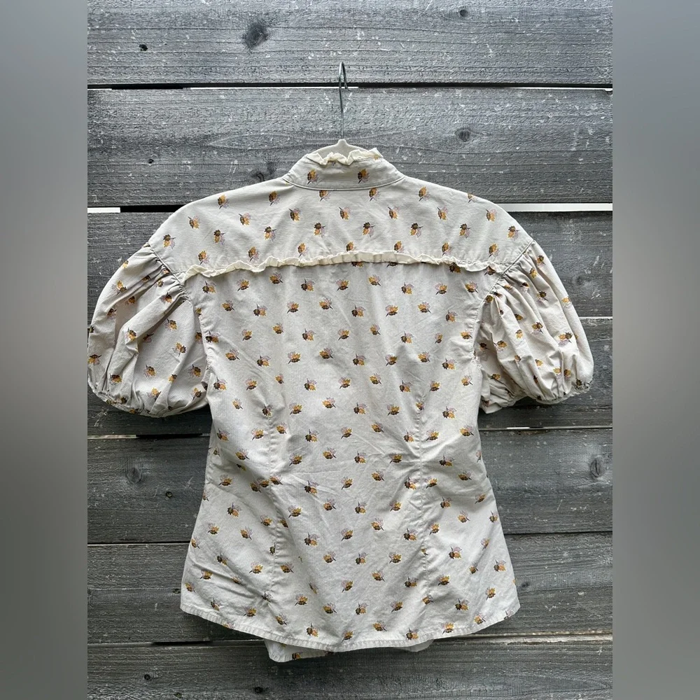 Free People Tiny Floral Bouquets Puff Sleeve Button Down Shirt- size 2